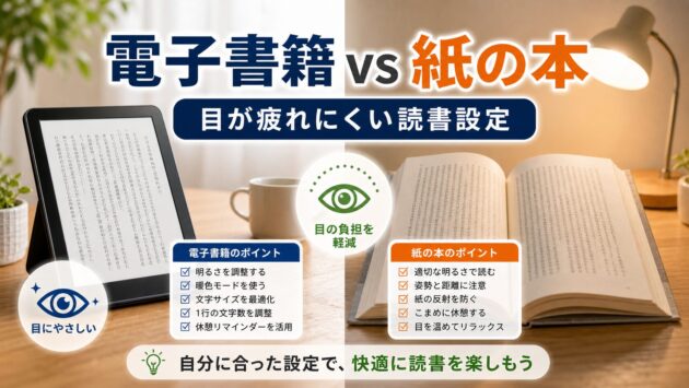 電子書籍vs紙の本：目への影響と目が疲れにくい読書設定のコツ｜比較のアイキャッチ画像